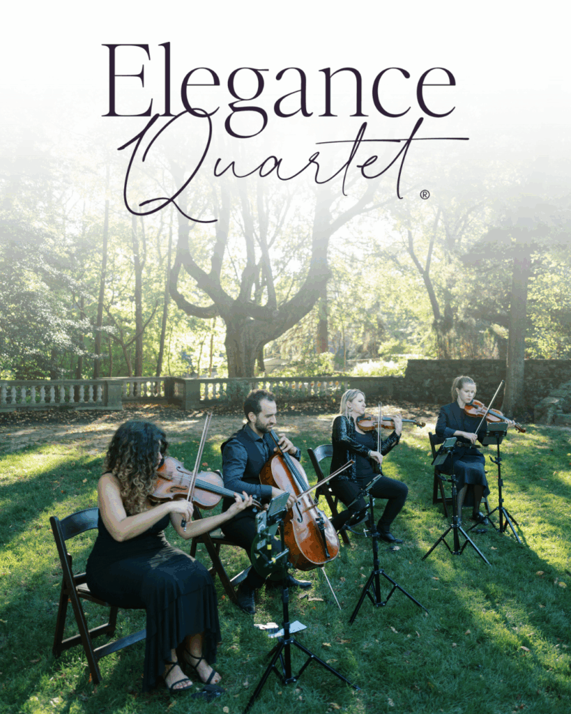 String quartet performing outdoors during an elegant wedding ceremony