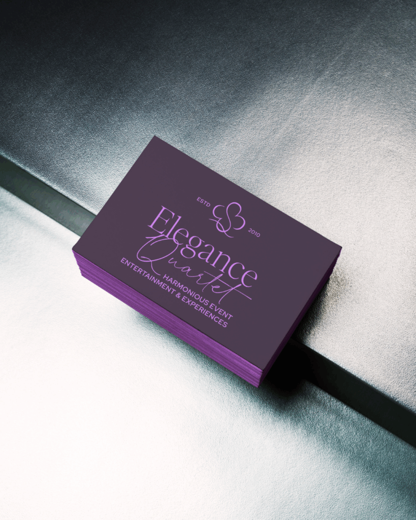 Elegance Quartet branded business cards with purple logo design