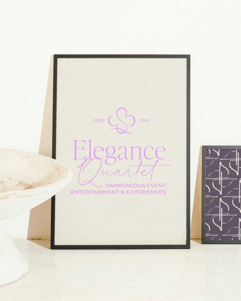 Elegance Quartet brand logo displayed on framed print and stationery