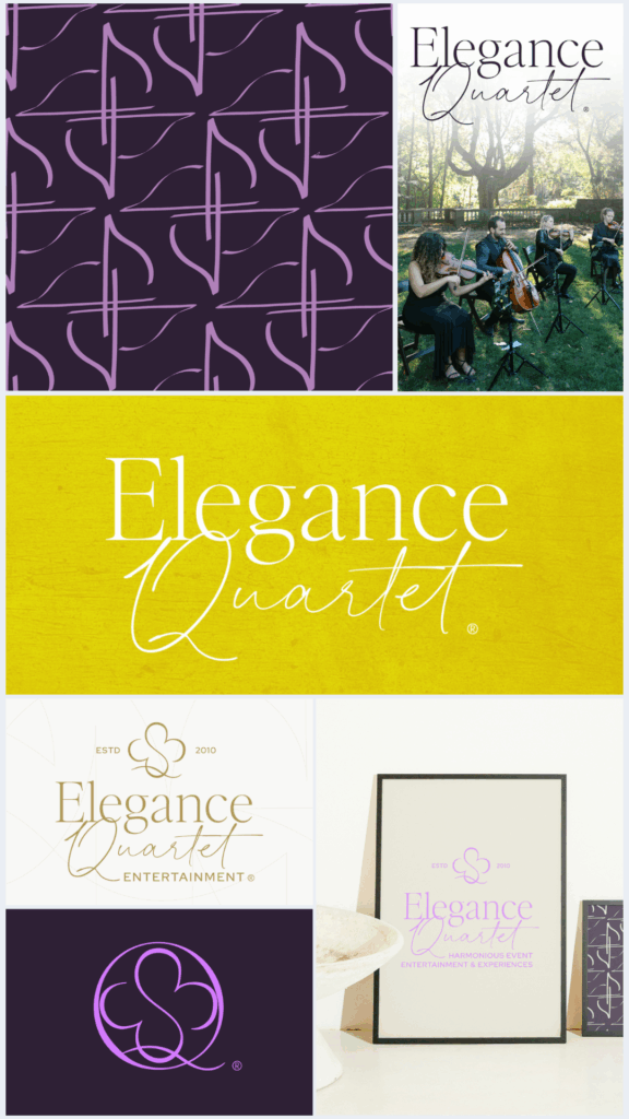 Collage of branding mockups for Elegance Quartet